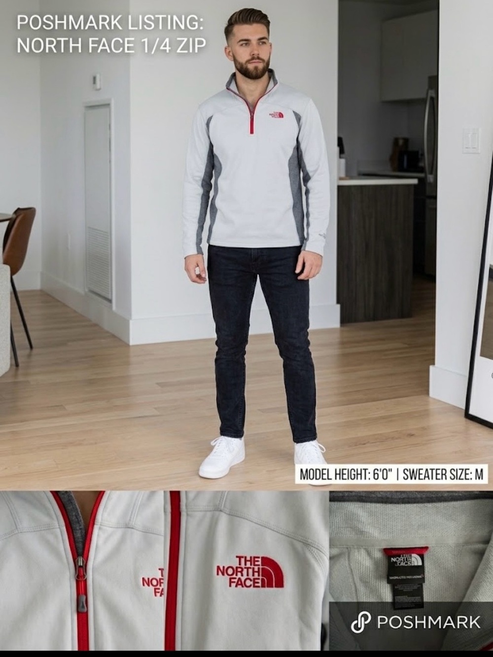 The North Face Men’s 1/4 Zip Pullover - Light Gray with Dark Gray & Red Accents